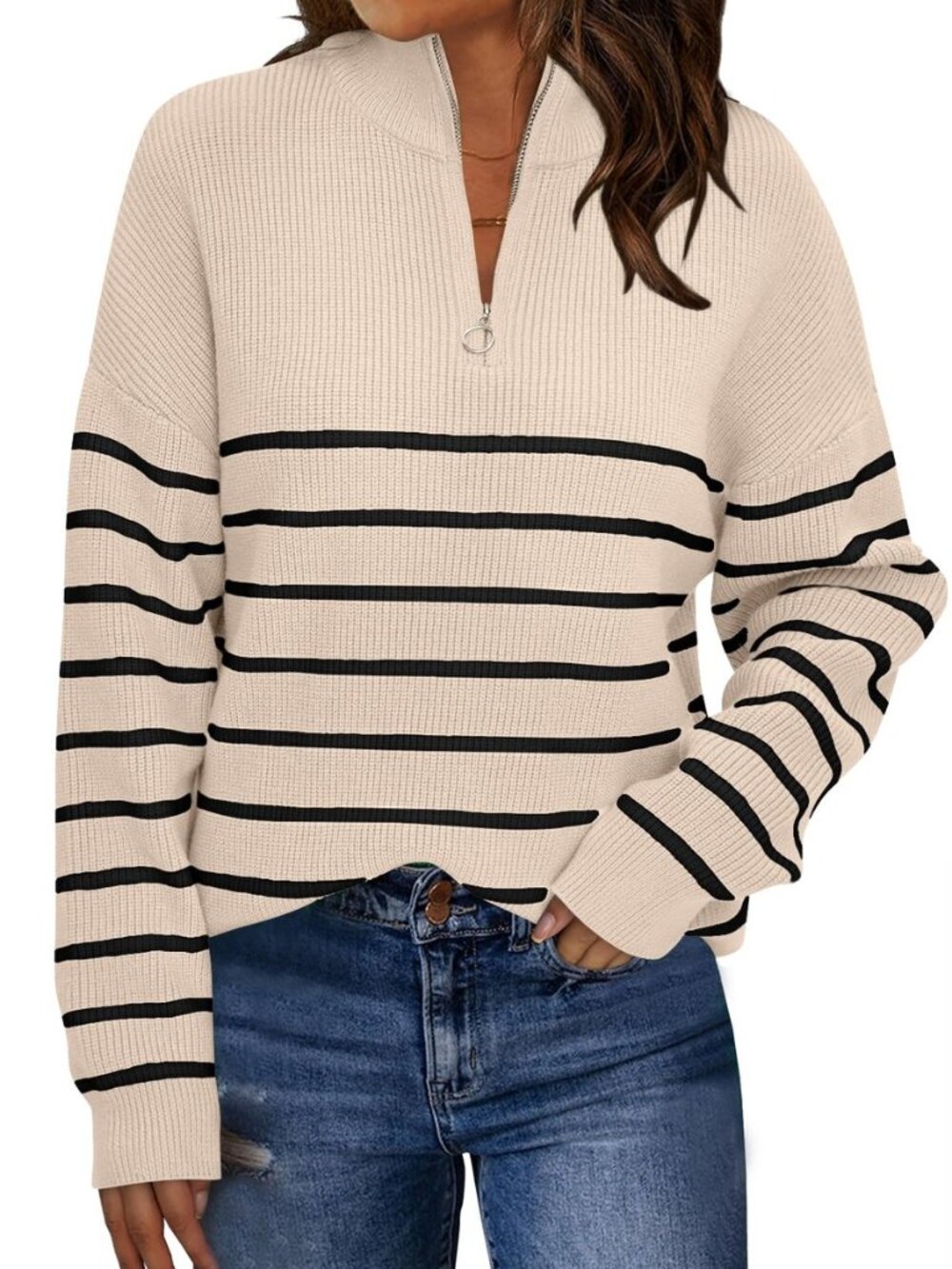 Womens Quarter Zip Striped Oversized Fall Sweater